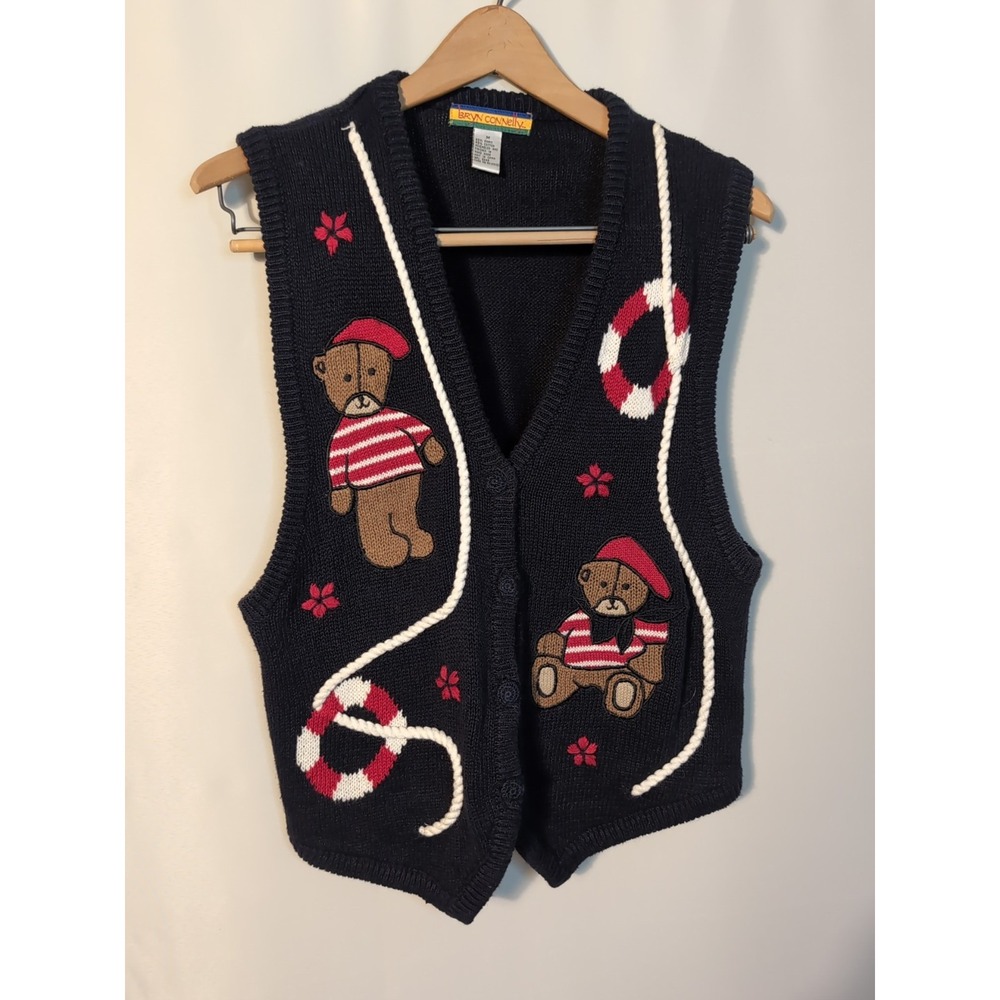 Vtg. Bryn Connelly Knit Sweater Vest Teddy Bear Nautical M 90's Y2K Cottage
